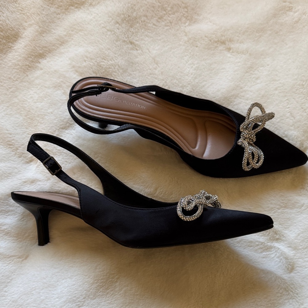 BCBG Black Slingback Heels with Rhinestone Bow